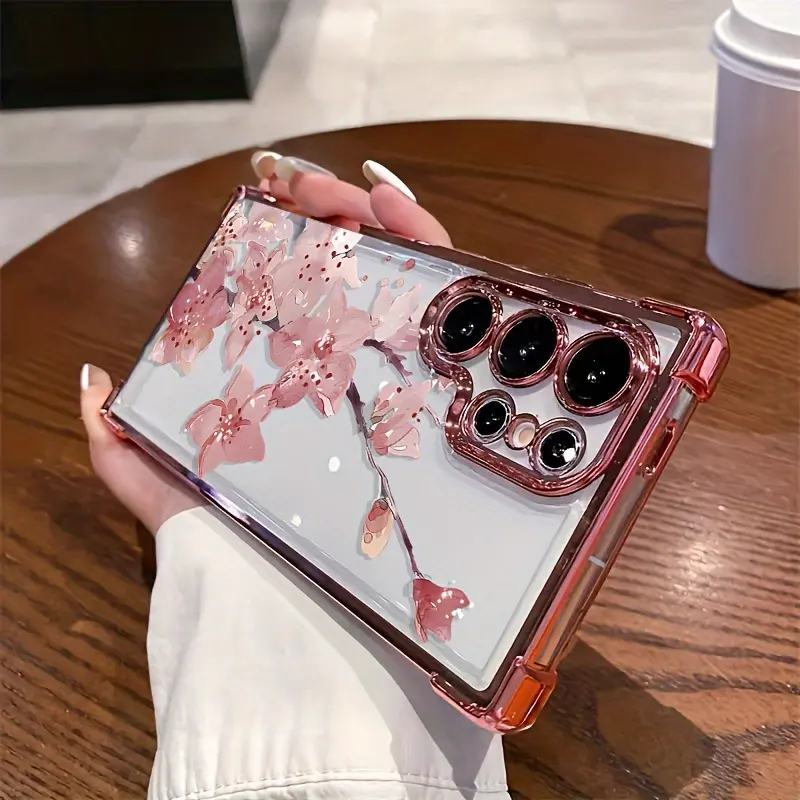Compatible with Samsung Galaxy S23 Ultra S24 Plus S25 S22+ FE Edge Phone Case Peach Blossom Pattern Transparent Full Coverage Four Corners Anti-drop Casing