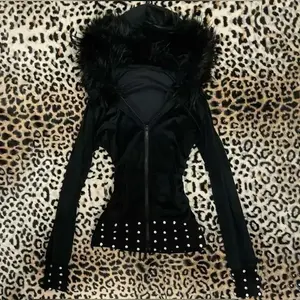 Women's 2025 Gothic Aesthetic Autumn Winter Fur Collar Hoodie Casual Slim Chic Design Cardigan Sweatshirt 2000s Harajuku Clothes