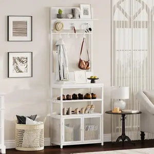 GARVEE 72.8in Hall Tree, White Coat Rack Shoe Storage, Hall Tree with Doors and Hooks, Freestanding Narrow Coat Rack Stand Shoe Shelf Home Organizer Rack for Entryway, Mudroom, Bedroom