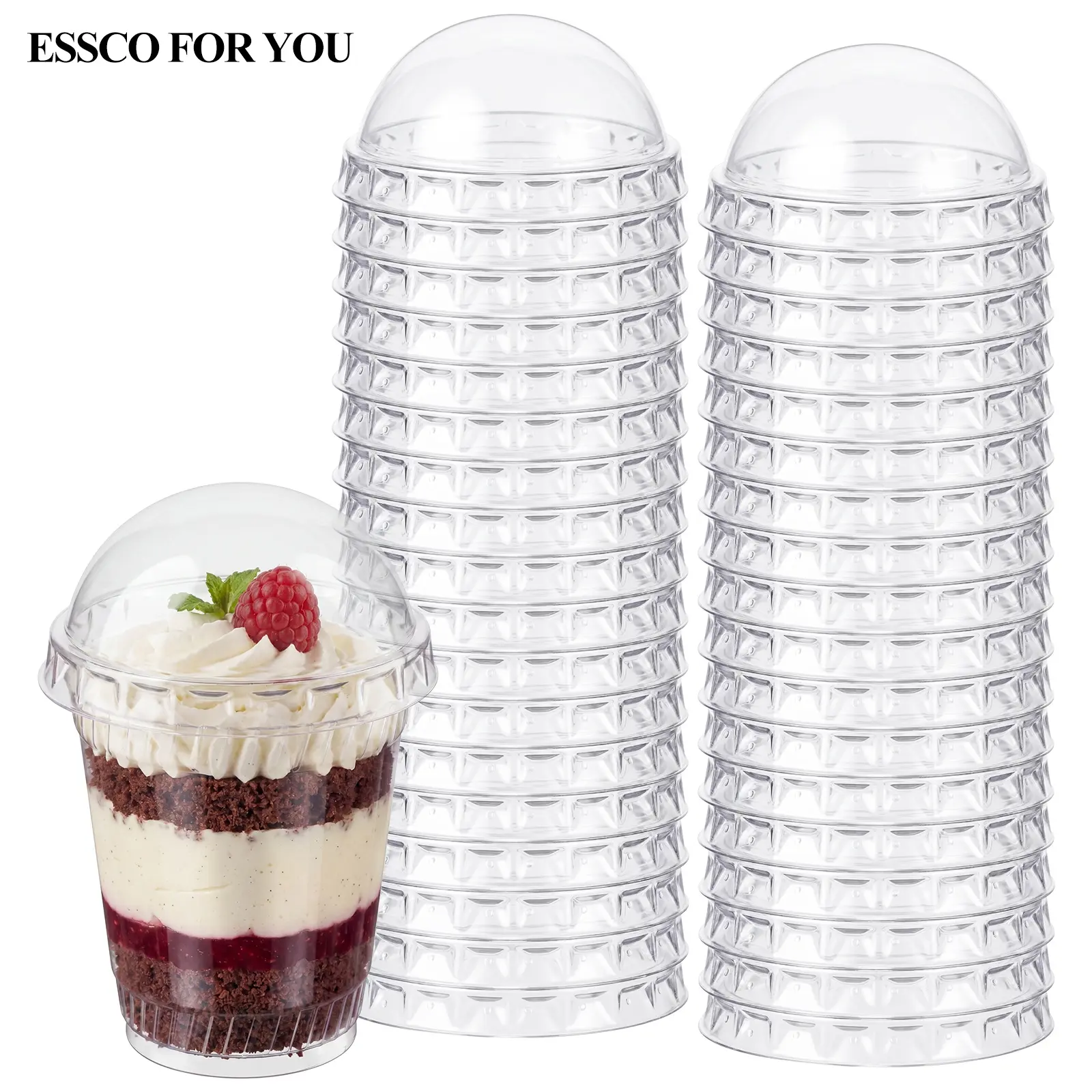 ESSCO FOR YOU 100 Pcs Plastic Dessert Cup Lids-(NO CUPS), Plastic Container Covers for Parfait Yogurt Fruit Trifle Ice Cream Pudding Cups, Leak Resistant, Clear Disposable Cup Lid