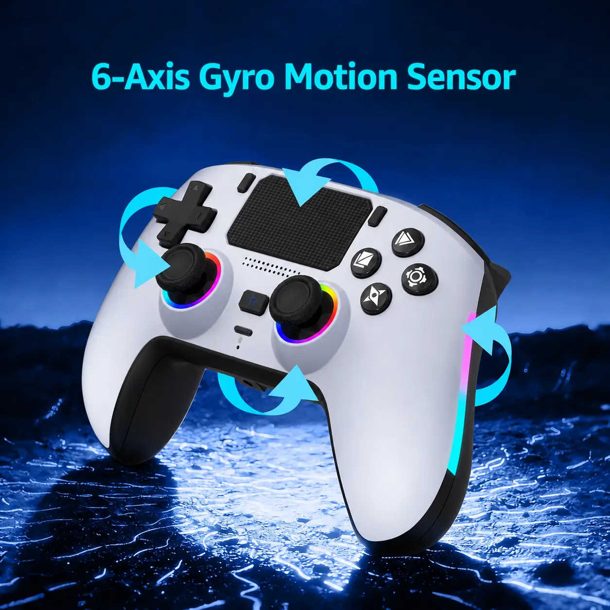 Wireless Gamepad Remote Controller for PS4, Battery-Powered Video Game Accessory with Hall Effect Joysticks, Color Changing RGB Lighting, Turbo Fire, Macro Programming, Dual Vibration, 1000mAh Battery