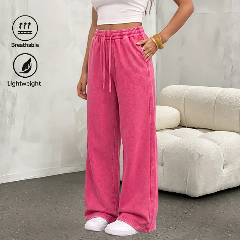 Women’s 1-Pack Basic Simple Elegant Washed-Distressed Pink Drawstring Wide-Leg Sweatpants Bottoms, No Graphic Prints, Adjustable Elastic Waistband, Versatile for Spring-Autumn Casual Wear & Holiday Travel