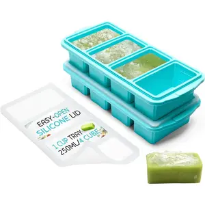 Flexible Silicone Freezer Tray Set with Lid - Kitchen Stackable 1-Cup & 2-Cup Portion Soup Molds, Large Reusable Ice Cube Trays, Oven & Dishwasher Safe Meal Prep Food Storage Containers for Broth Sauce