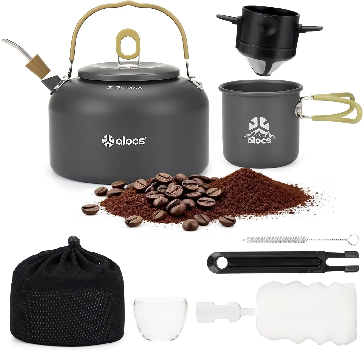 ALOCS 2.3L Camping Coffee Pot, Camping Kettle with Pour-Over Coffee Kit, Foldable Travel Kettle, Portable for Camping, Home, Office, Outdoor Use