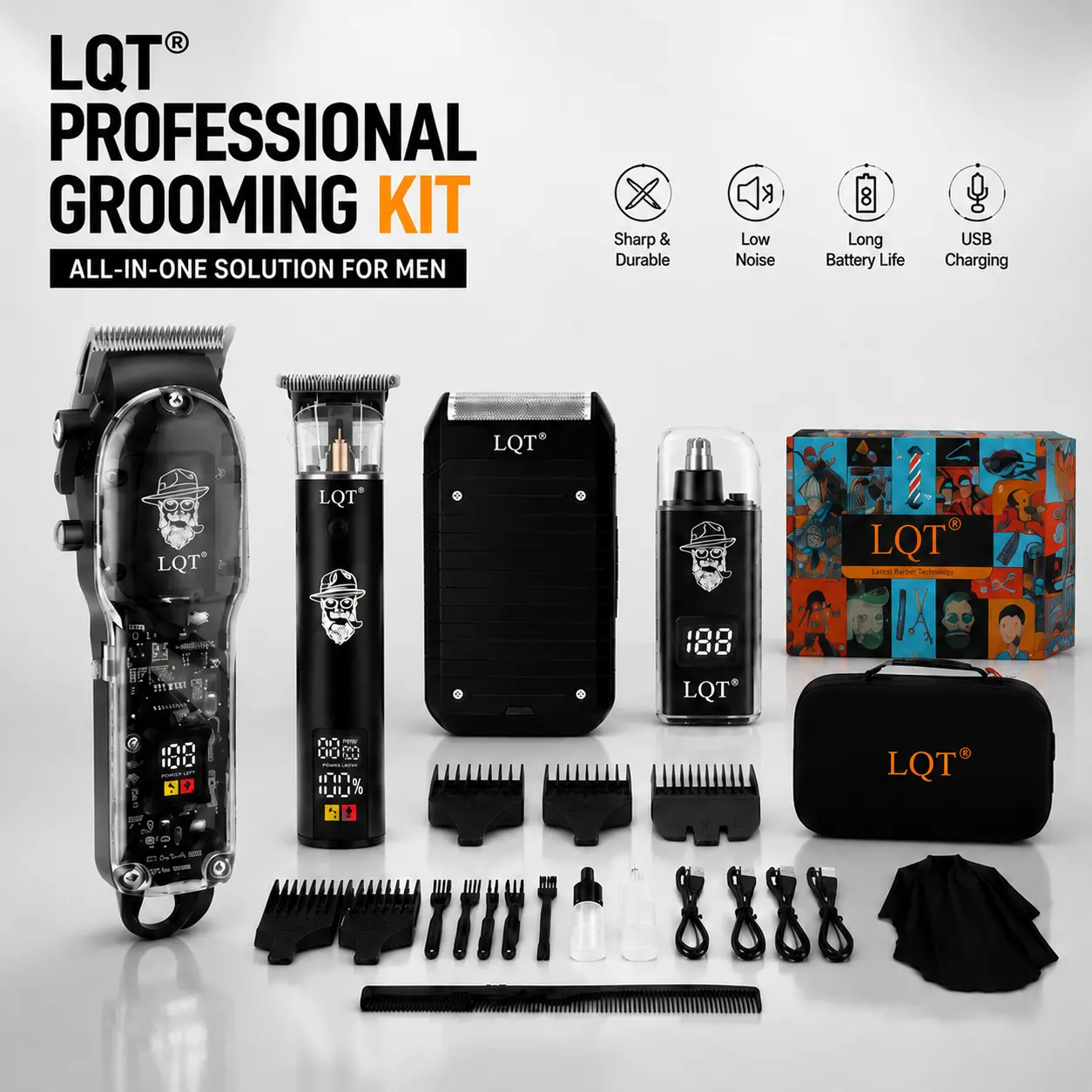 Professional 4-in-1 Grooming Kit for Men, Black Hair Clippers Set with Precision Trimmer, Foil Shaver & Nose Hair Trimmer, Cordless Rechargeable Barber Clippers, Sharp Blade, Low Noise, Long Battery Life, Complete Grooming Tools