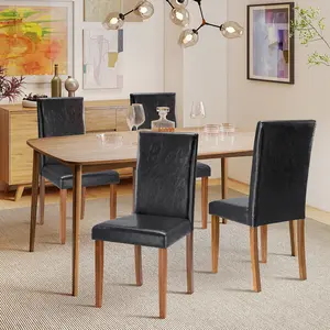 Dining Chairs Set of 4, Vegan Leather Upholstered Kitchen Chairs, Wood Side Chairs with Ergonomic Curved Backrest and Rubberwood Legs, High Back Padded Seats for Dining Room