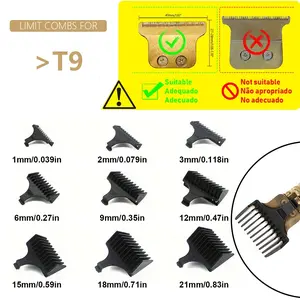9PC set of hair clipper limit comb (Need conferm the blade size )1mm/2mm/3mm/6mm/9mm/12mm/15mm/18mm/21mm for T9 professional hair clipper shaver accessories beard styling tools Hair Trimmer Set Haircut Kit Clipper Guards Set Hair Cutting Accessories