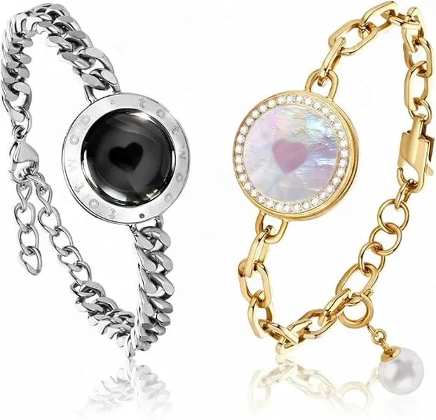totwoo Long-Distance Touch Bracelets for Couples, Fashionable Sun and Moon Unisex Wear Set with Zirconium Stone, App-Connected for Daily Emotion, Charm, Gifts For Your Girlfriend, Casual, Two-Tone Set