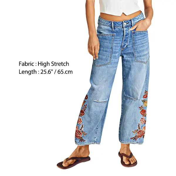 Flamingals Embroidery Side Stitch Detail Mid Waist Barrel Leg Crop Jeans Women's Fashion