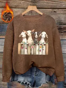 Cute Sheep Animal Print Sweater, Soft Comfortable Fitted Round Neck Top, Casual Fall & Winter Women's Fashion