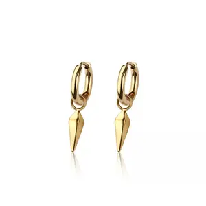 Faceted Cone Spike Dangling Huggie Hoop Earrings - Pair - 316L Stainless Steel fashionable dangle