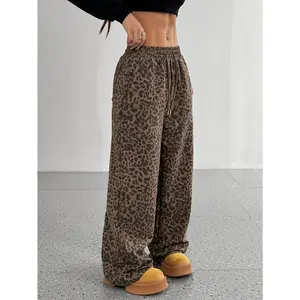 Chic Leopard Print Drawstring Straight-Leg Pants for Women - Casual, Non-Stretch Polyester Blend, Machine Washable - for Spring/Summer/FallGift(Sheets)