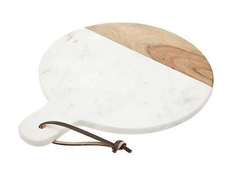 212 MAIN Attractive Round Marble&Wood Chopping Board - 15"x12"x1", 8.25 lbs Durable Polished Marble & Wooden Surface Board with Knives for Everyday Food Prep, Round Shape