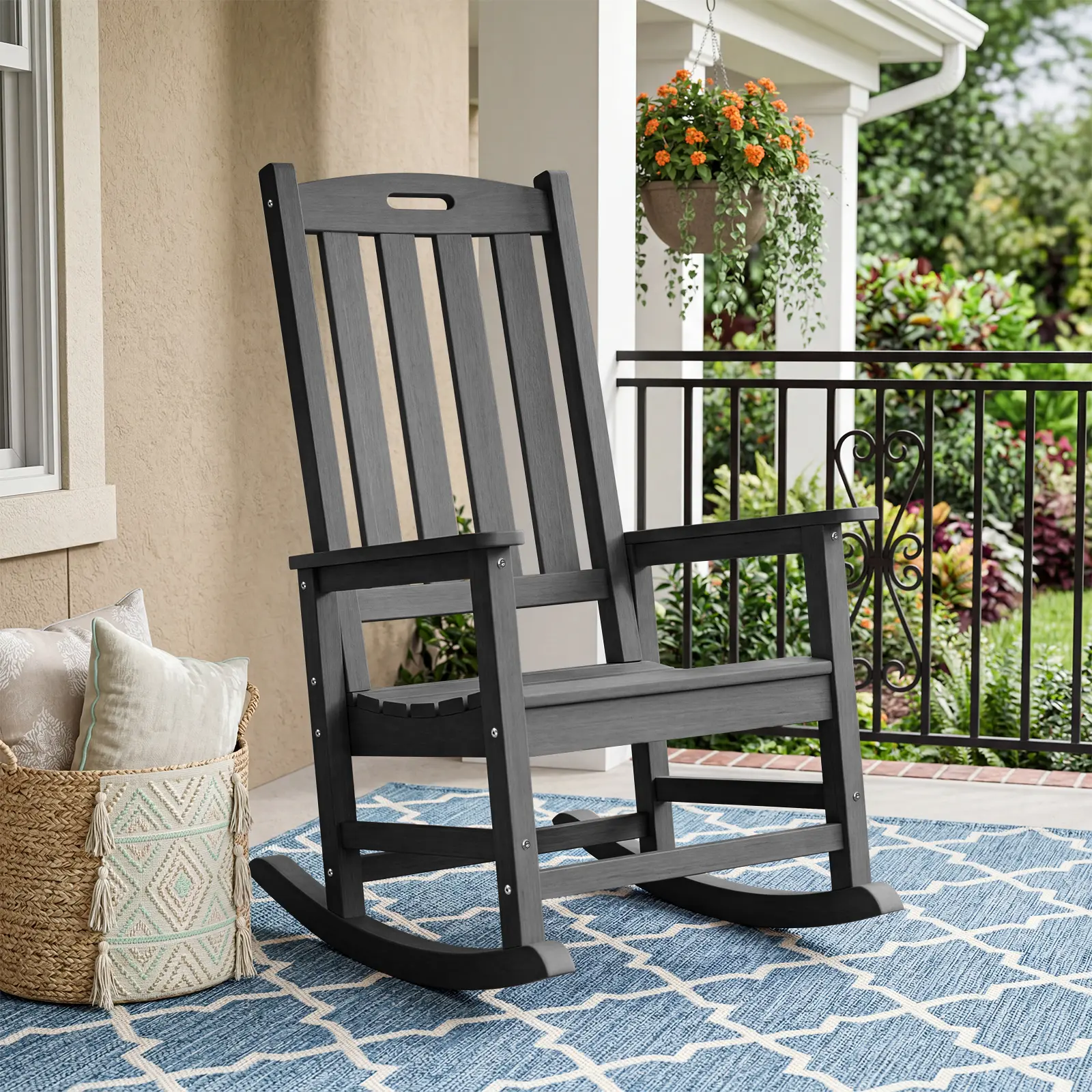 Oversized Outdoor Rocking Chair, Porch Rocker with High Back - Black