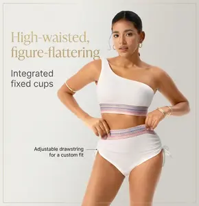 BodyTips Ribbed One Shoulder Bikini High Waist Fit Support Design Textured Swimwear Sculpting Shape Smooth Finish Asymmetric Top Flattering Cut Stylish Beach Outfit For Pool Vacation Activities Sunbathing Water Sports Travel Casual Swim Look Resort Vibe
