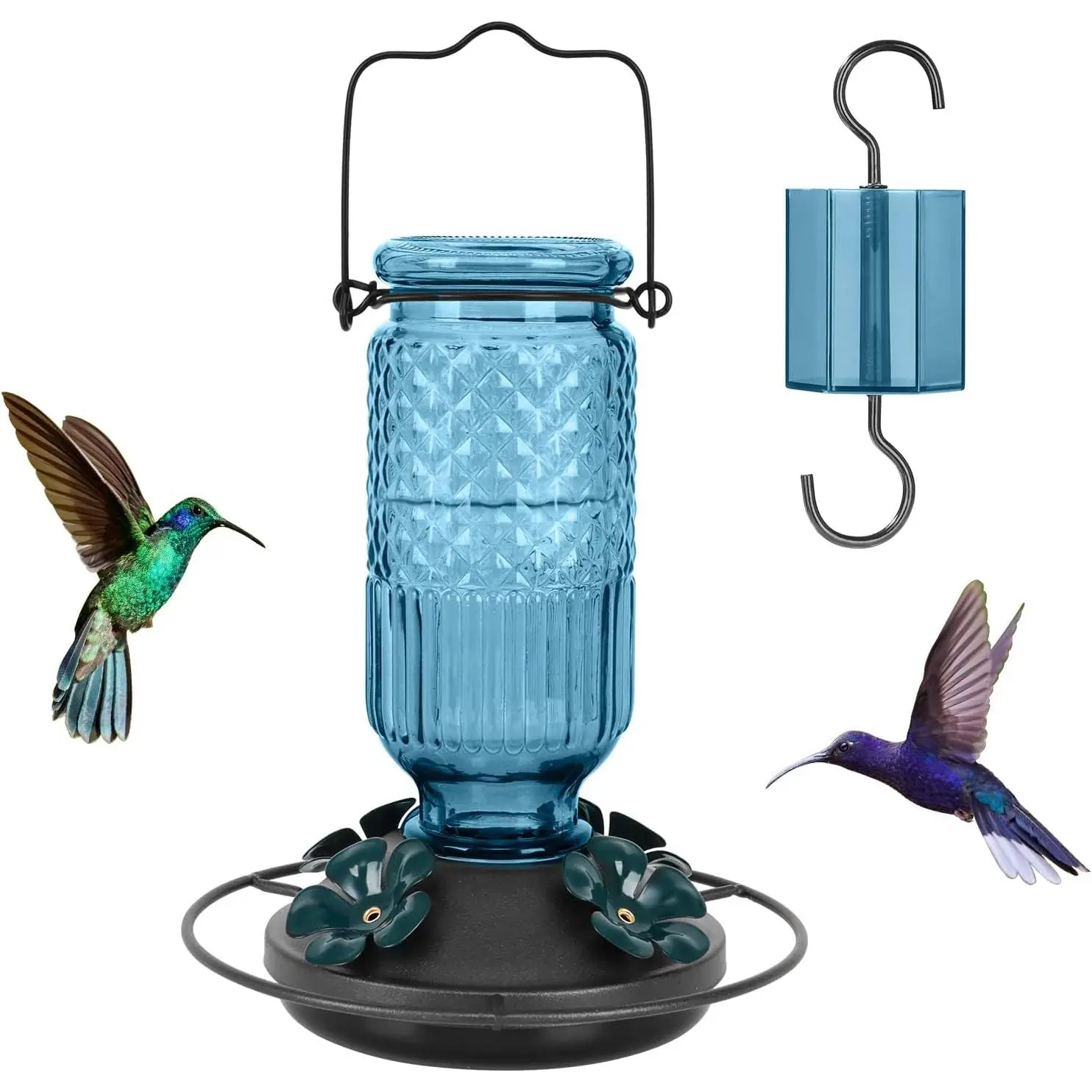 Glass Hummingbird er for Outdoors Hanging, 16 OZ Humming Birds ers with 4 Bee Guard ing Ports & Built-in Ant Moat, Hummingbird Gifts for Mom, Bird er for Outside, Blue