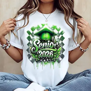 Senior 2026 Graduation Cap Green Wings Pattern T Shirt White Casual Loose Fit For Everyday Wear And Sports Activities