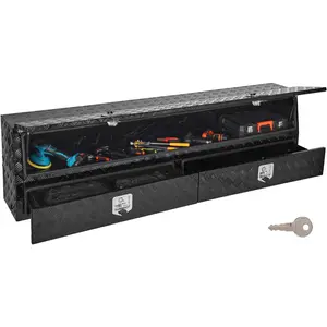 VEVOR Contractor Truck Tool Box, 81.5 x 21 x 13 in, Black Tread Aluminum TopSider Toolbox with Two Lower Drawers, Flip Up Door, Weather-Resistant Heavy Duty Storage Box, with Latch, for Truck Bed
