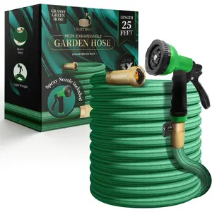 Garden hose, non expandable garden hose, ultra light hose, no burst, 25ft solid brass connector, 50ft, grass green