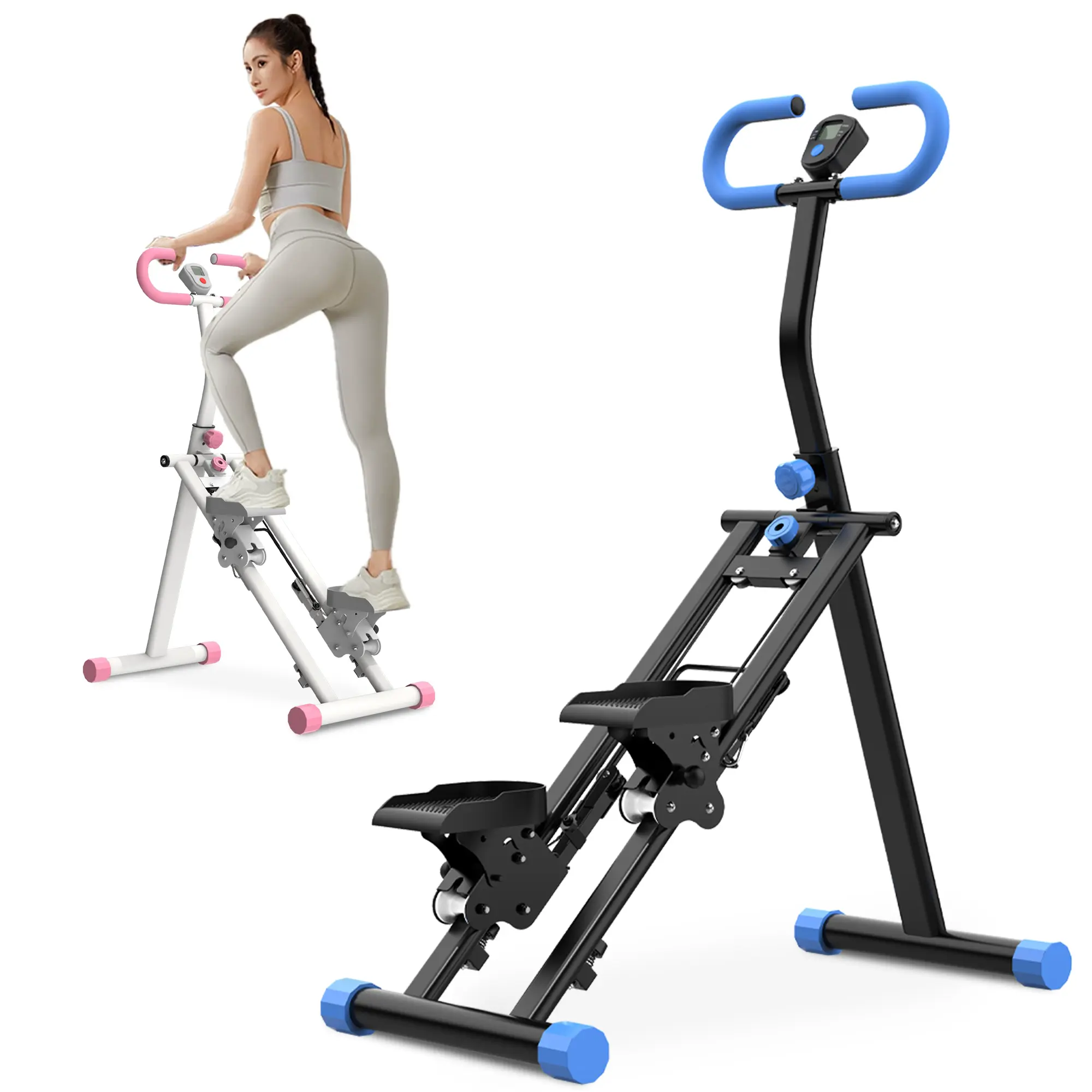 Multifunctional Fitness Tool Vertical Climber Stair Stepper - Full-Body Gym Work Out Equipment for Home Gym, Unisex, Stable Frame, Adjustable Handlebar, Compact Fold, Data Tracking, Triangular Base (Blue/Pink)