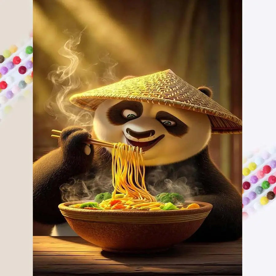 DIY 5D Full Drill Round Diamond Painting Kit Panda Eating Noodles. Diamond Embroidery Art Kit DIY Craft Supplies Handmade Set Wall Decoration Back to School Season Gift for Family, Lovers, Friends.