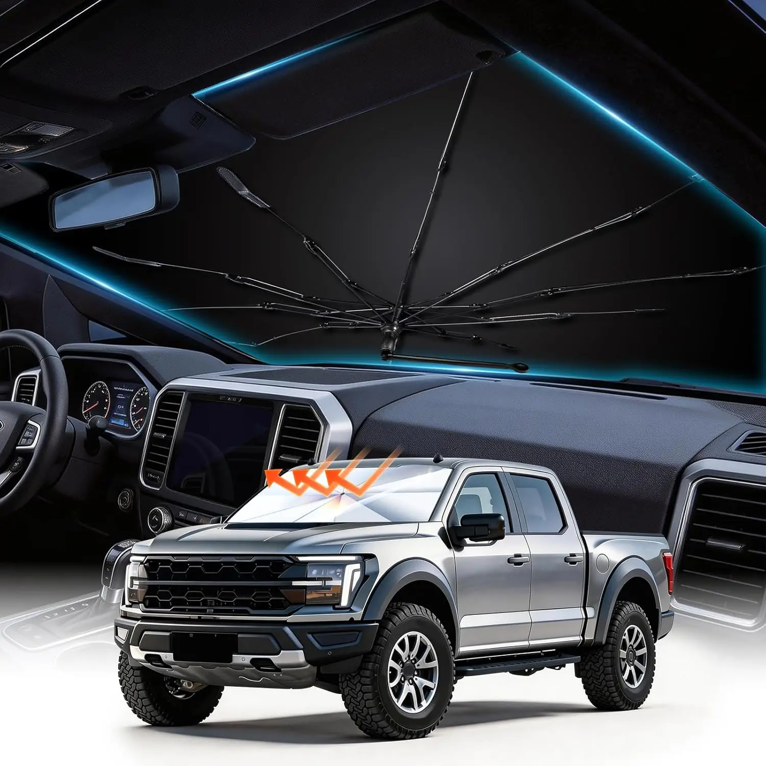 Custom Fit Windshield Umbrella Sun Shade for 2021-2026 Ford F-150 F-250 F-350, Sun-Shielding Front Window Protector, UV Blocking, Heat Blocking, Reinforced Frame, Compact Fold, 1-Second Setup, Quick Open, Reflective Fabric, Easy Install Car Accessory