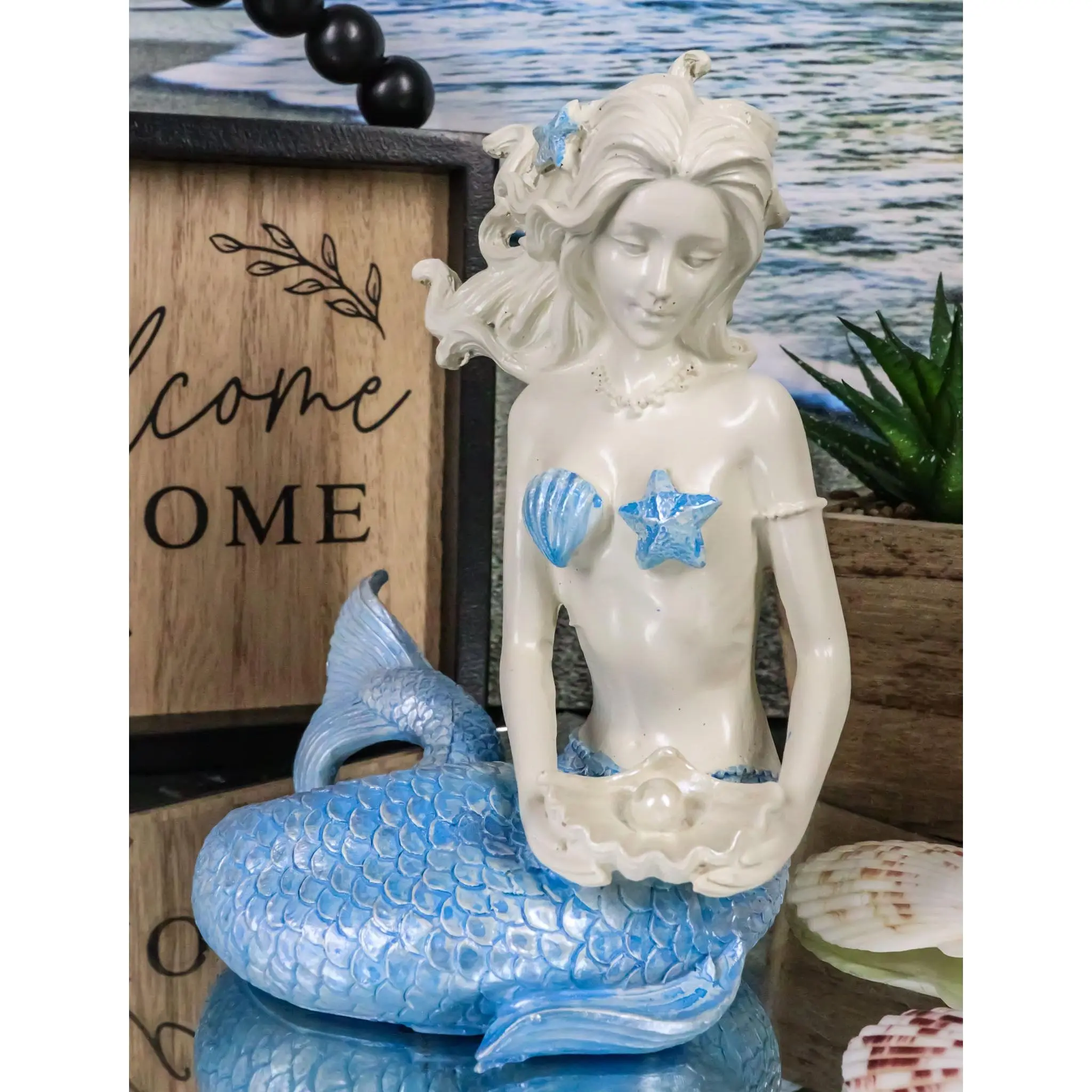 Magical Nautical Ocean Goddess Hand-Held Pearl Shell Mermaid Statue with Blue Tail, Home Decor Sculpture for Room Accent