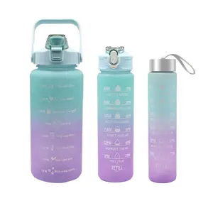 Summer Travel Gradient Water Bottles, 3 Counts/set Portable Tumbler with Straw & Strap, Reusable Water Bottles with Time Marks, Washable Drinkware