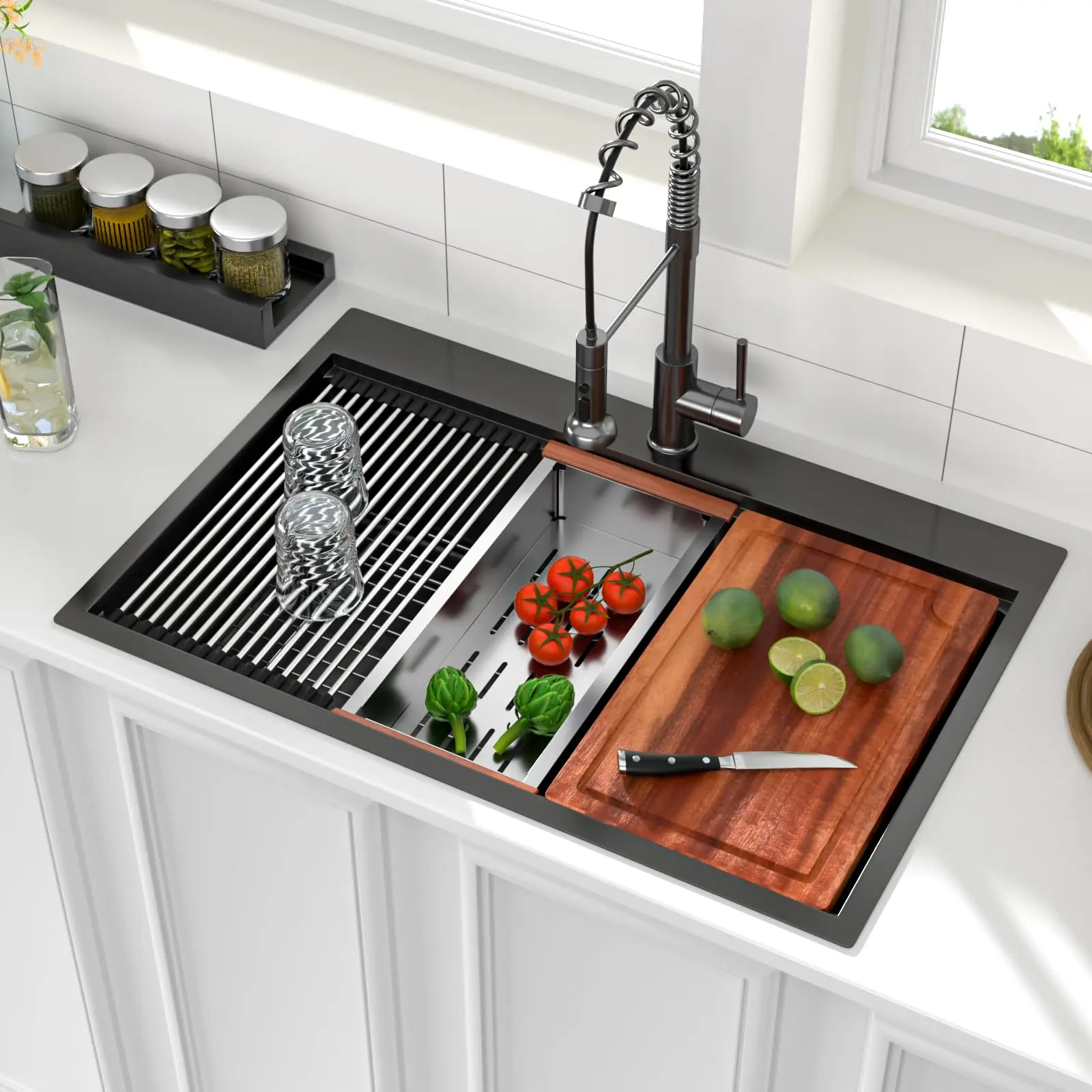 Logmey Black Kitchen Sink 33"x22" , Drop-In Topmount Workstation Kitchen Sink, 16 Gauge SUS304 Stainless Steel Single Bowl, Commercial Grade Bronze Black Gunmetal Black Finish Kitchen Sink with Workstation Ledge, 33"x22"x9",Kitchen Remodel Essentials