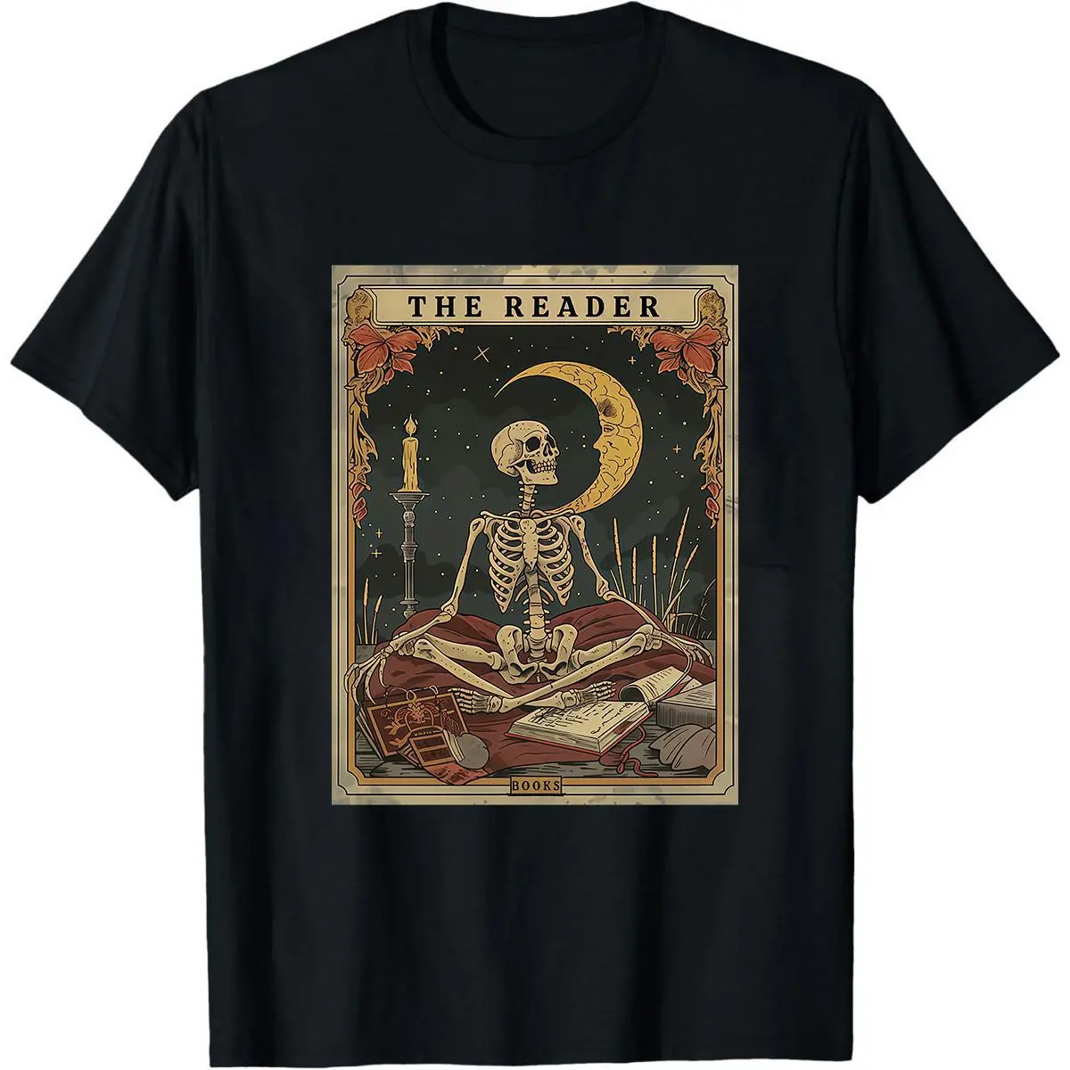 Vintage Skeleton Reader T-Shirt, a Casual Unisex Shortsleeve Top in Soft Cotton with Spooky Vibe Graphic Prints