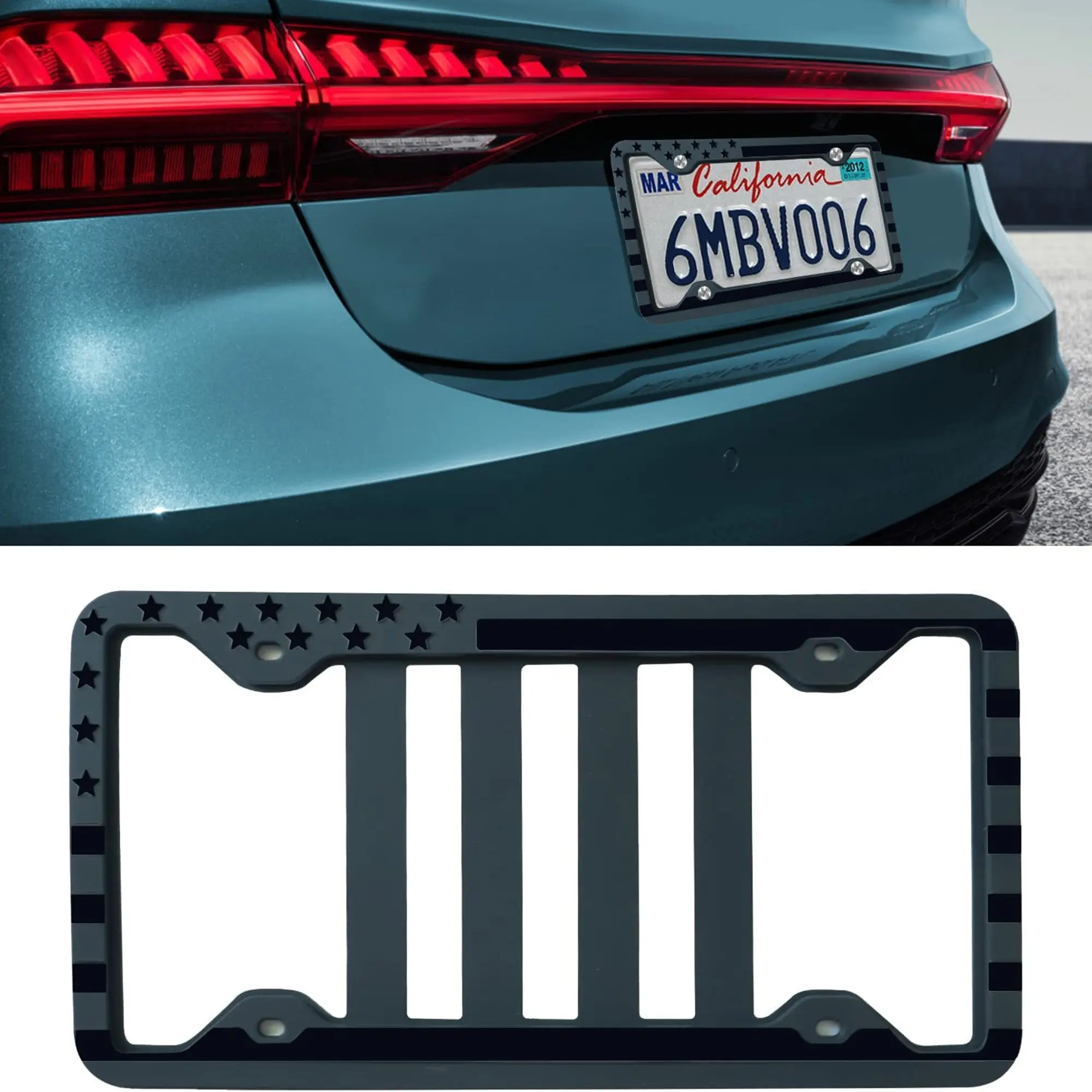 American Flag Silicone License Plate Frame, Patriotic USA Flag Auto Accessory Flexible & Lightweight Car Tag Holder, Matte Black