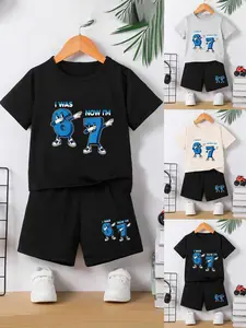 Boys' Cartoon Print Short Sleeve T-Shirt and Shorts Set, Soft Comfortable Fabric, Perfect for Summer Activities, Kids' Fashion Essentials
