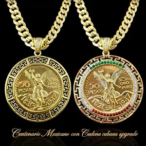 14K Gold Plated 50 Pesos Centenario Upgraded Cuban Centenary Pendant Fashion Chain Unisex Jewelry