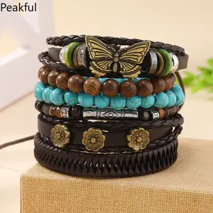 Vintage Feather Casual 6 Pc/set Tree Handmade Men Bracelets Male Women Leather Bracelets Men Bangle Wholesale Jewelry Gift