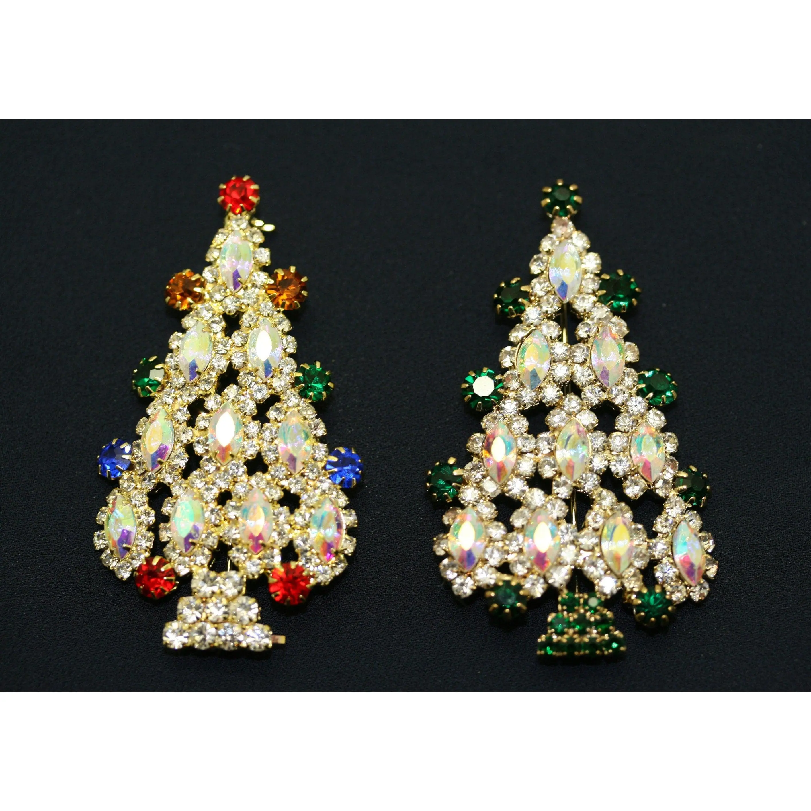 Glamorous Unisex Rhinestone Christmas Tree Brooch - Multi-Tiered Gold-Tone Metal Pin with Super Sparkling Aurora Borealis Marquise Stones, Safety Clasp, 2.25in Tall, 2.25x1.25in Holiday Party Accessory, 2.25 X 1.25 Inches, 2.25" Tall, Tree Shape