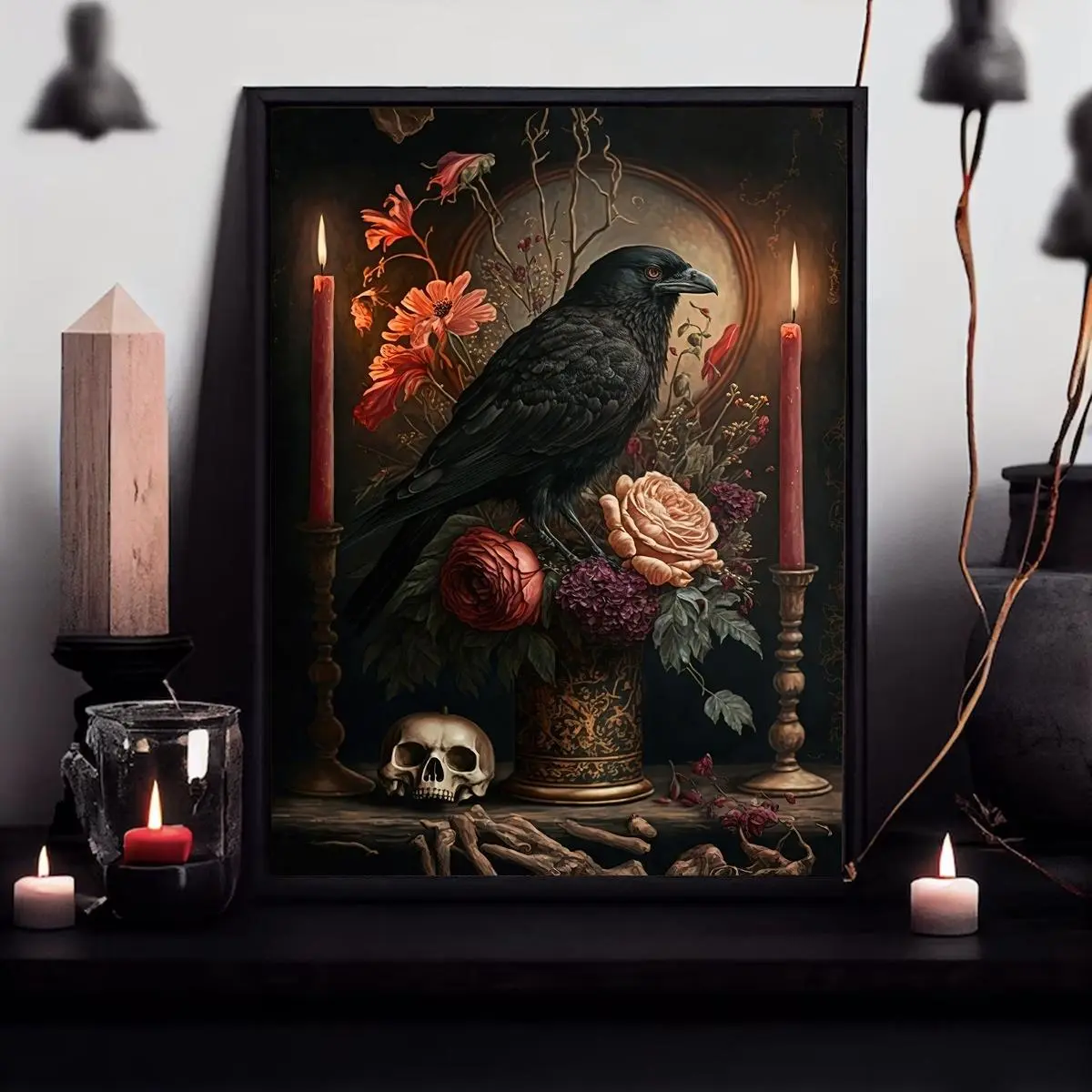 Crow & Flower Pattern Unframed Painting, Canvas Wall Art without Frame, Canvas Art And Prints For Walls, Floral Abstract Design Decorative Painting for Home Living Room Bedroom