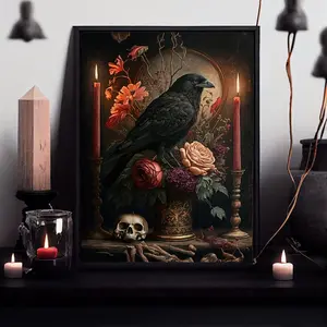 Crow & Flower Pattern Unframed Painting, Canvas Wall Art without Frame, Floral Abstract Design Decorative Painting for Home Living Room Bedroom