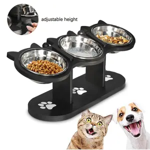 Elevated Pet Food Bowl Set with 3 Stainless Steel Bowls Adjustable Height Pet Feeder Raised Dog Bowl Stand with Wood Brackets Dog Cat Food Water Bowls Stand Easy Assembly & Carry Design, Detachable Washable for Multiple Cats and Dogs Use