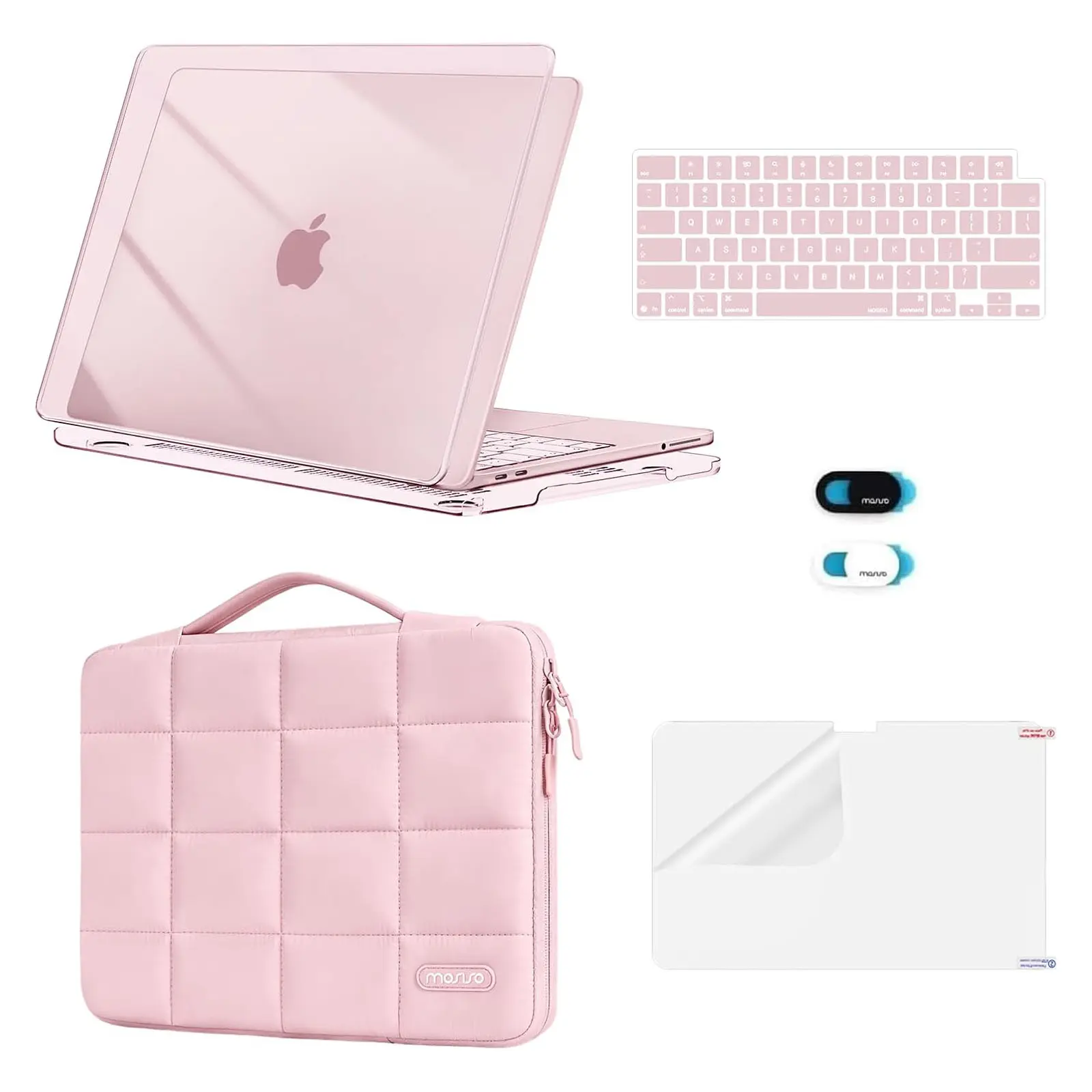 MOSISO Hard Shell Protective Case for 13-Inch MacBook Neo A3404 A18 Pro Chip (A3404 Specific) - 5-in-1 Set with Puffy Sleeve Bag, Keyboard Cover, Screen Protector, Webcam Cover, Blush Pink