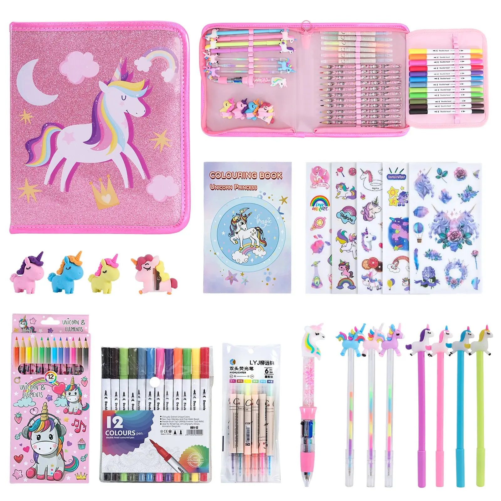 Unicorn Art Supplies Convertible Bag for Girls, 50pcs Coloring Drawing Set, Fruit Scented Markers, Coloring Book, Portable Travel Activity Kit, Birthday Gift, Unicorn Stationery Set