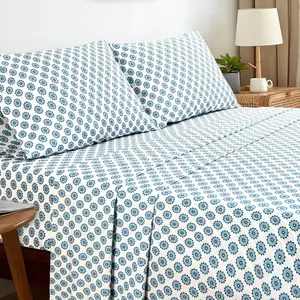 Orbby T-144 Blue Mandalas 100% Cotton Percale Sheets 4PC – Soft Cooling Breathable Bedding Set, Deep Pocket Fit, Aesthetic Bedroom Decor