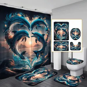 Dolphin Pattern Bathroom Decorations, 4 Counts/set Including Water Proof Shower Curtain Sets & Toilet Lid Cover & Mat & U-shaped Mat, Bathroom Decor Supplies