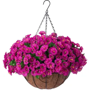 Artificial Hanging Flowers Plants with Basket for Outdoors - Fake Petunias Flowers Fake Silk Morning Glory Planter for Outside Porch Patio Balcony Garden Spring Summer Decor(Purple red)