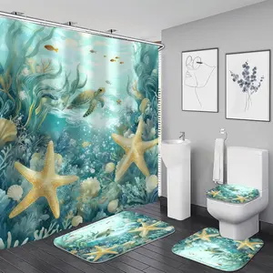 4 Pcs Beach Shower Curtain Set Teal Sea Turtle Bathroom Sets with Shower Curtain and Rugs Blue Ocean Bathroom Decor Accessories Starfish Shower Curtains for Bathroom Toilet Lid Cover with All Over Print