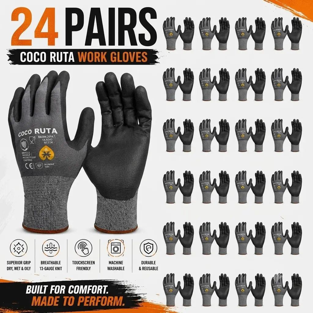 24 Pairs COCO RUTA Gloves 34- 874 Safety Gloves | Guantes Para Trabajo - Maxi Flex Gloves For Men Nitrile Micro Foam Grip Palm Comfortable Fit Construction Gear