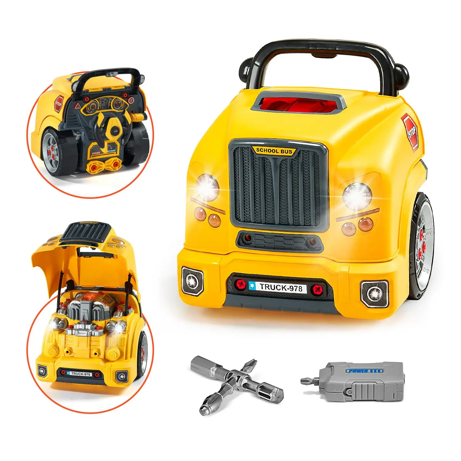 VEVOR 60-Piece ABS+PP Engine Toy Set for 3-4 Years, Mechanic Roleplay Toy with Removable Parts, Interactive Cockpit, Flashing Light, Sound Effects, Steering Wheel, Horn, Included Batteries, Children Development Toddler Gift (Yellow)