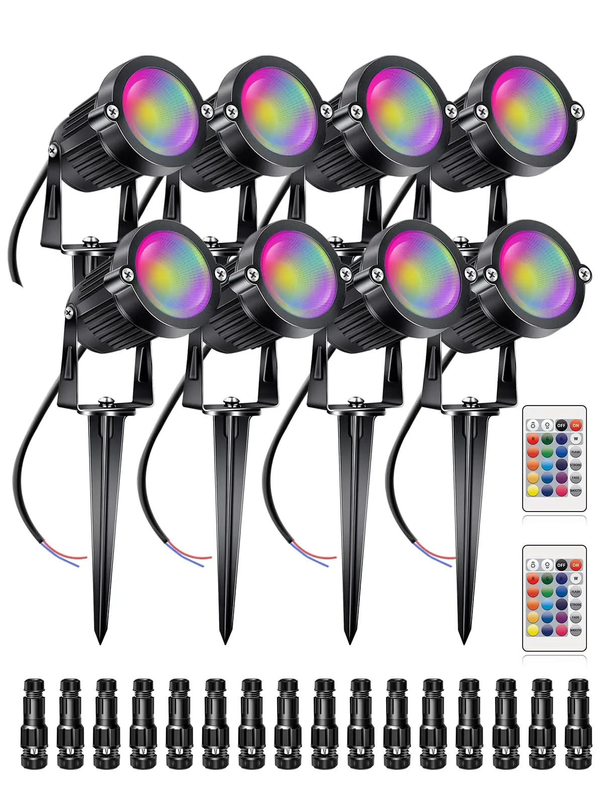 8-Pack Aluminum Adjustable RGB+W Low Voltage Outdoor Flood Lights, 5W 12V LED Spotlights with 2 Remote Controls & Connectors, Waterproof Welcome & Pathway Garden Decorative Lights