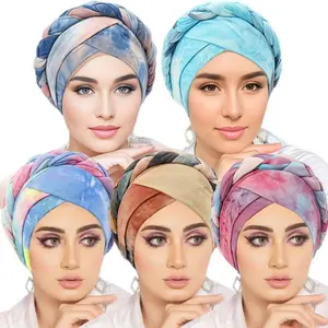 5Pcs Tie-Dye Knotted Headscarves with Elastic Braids - Perfect for Women'S Everyday Use, Casual Outings, And Formal Occasions, Ideal for Gifting