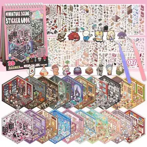 [US SELLER] cozy room sticker teacher appreciation gifts 3D Scene Sticker Book, 4 SetsMiniature Scene Card &e 1 Count Tweezers, Creative SceneSticker Book, Scrapbooking Crafting Kit, Joumal Making.Funny Gift for Halloween Christmas clock