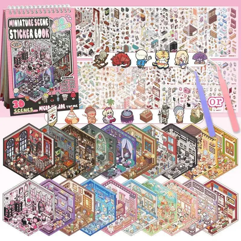 [US SELLER] 3D Casual Aesthetic Sticker Book Kit - Decorative Stickers, 4 Miniature Scene Cards, 1 Tweezer, Ideal for Scrapbooking, Teacher Appreciation Gifts, Aesthetic Stickers